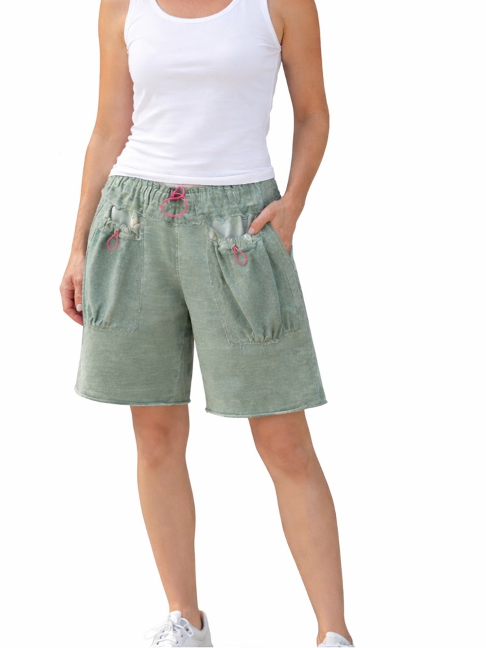 E01. Mineral Wash Relaxed Sage Green Women's Drawstring Shorts